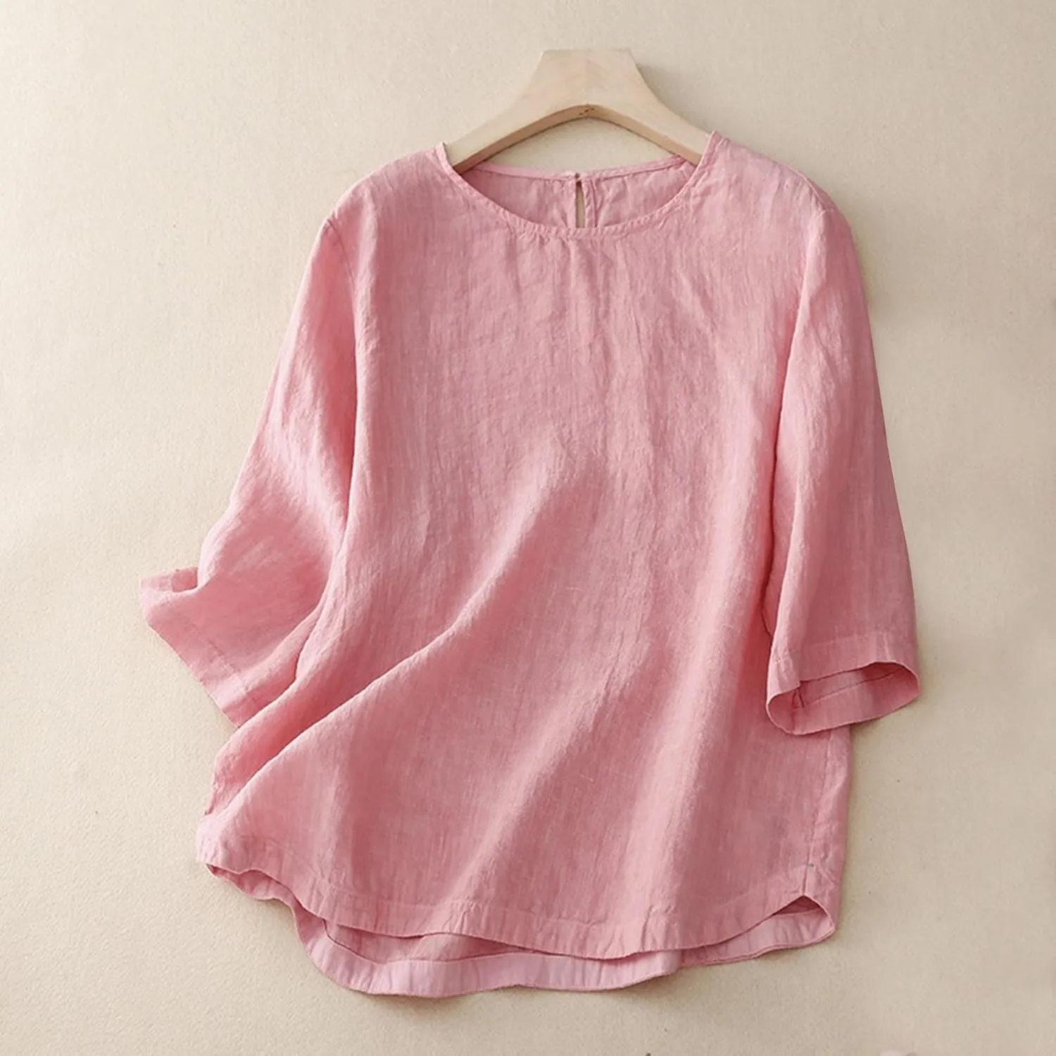 2025 Cotton Linen Tops for Women 3/4 Sleeve Flowy Solid Color Tees Summer Vacation Beach Shirt Loose Crew Neck Blouse