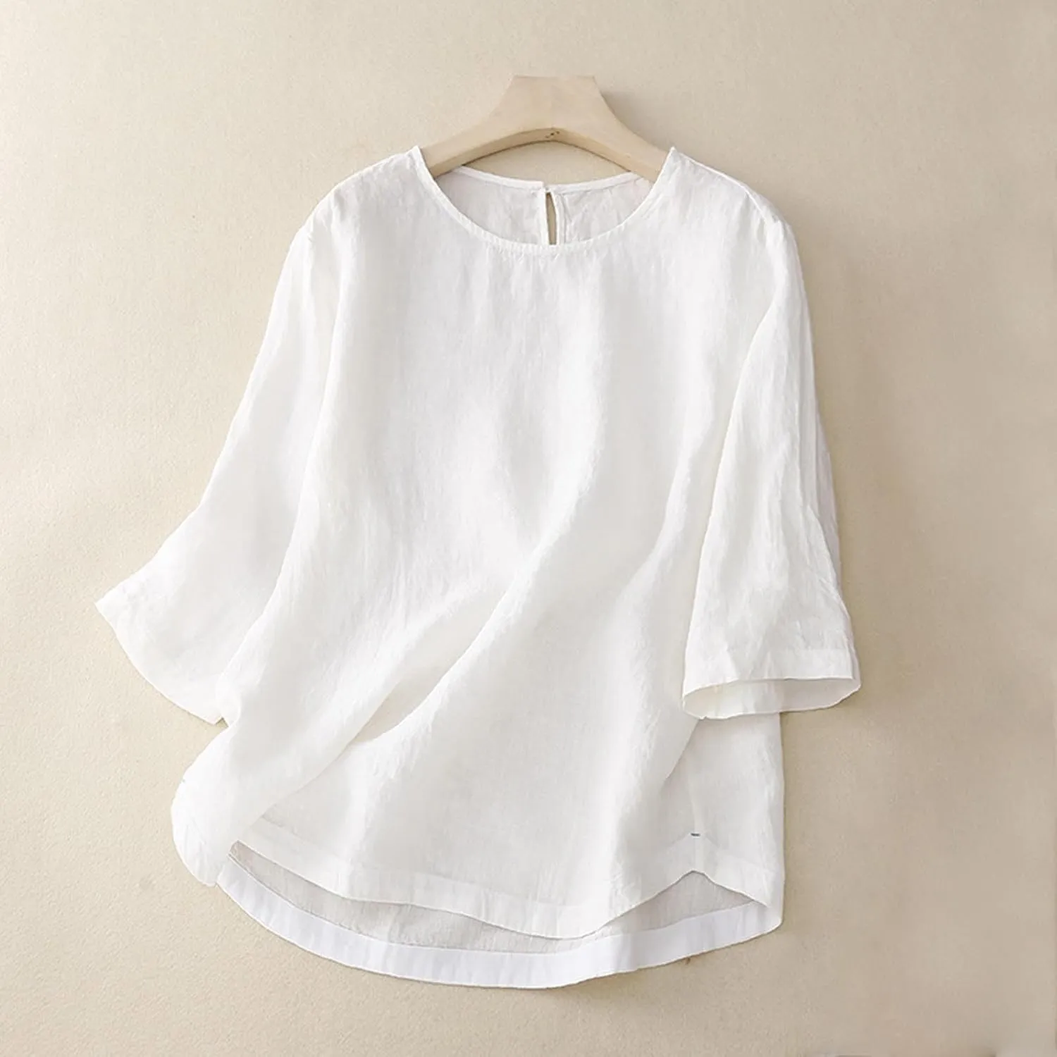 2025 Cotton Linen Tops for Women 3/4 Sleeve Flowy Solid Color Tees Summer Vacation Beach Shirt Loose Crew Neck Blouse