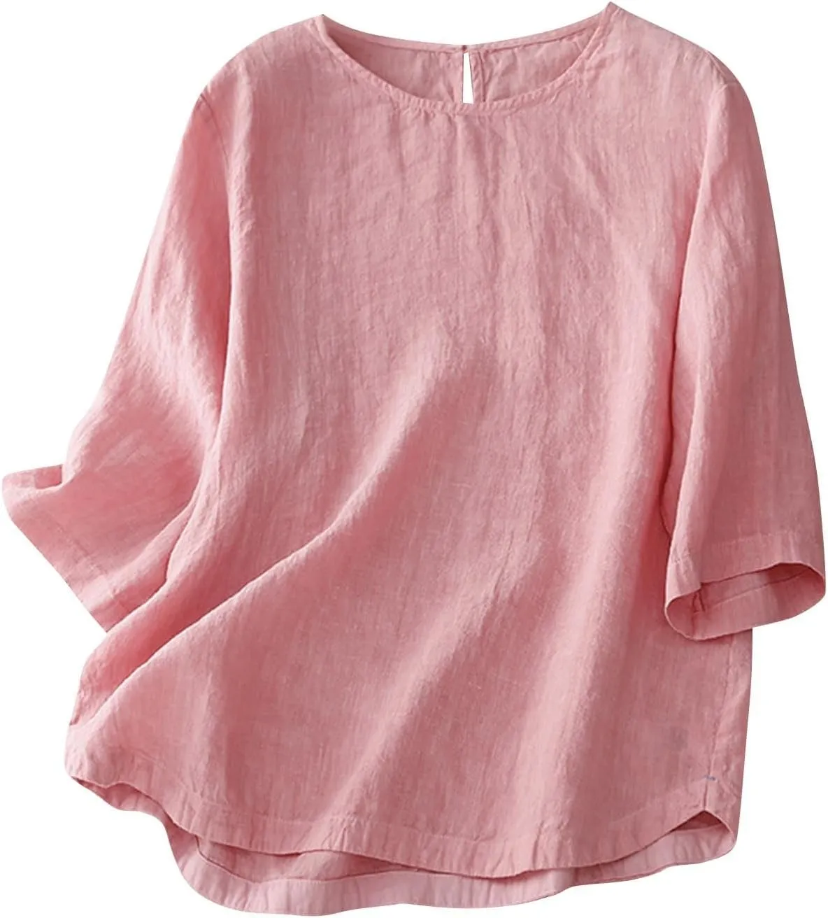 2025 Cotton Linen Tops for Women 3/4 Sleeve Flowy Solid Color Tees Summer Vacation Beach Shirt Loose Crew Neck Blouse
