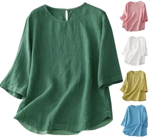 2025 Cotton Linen Tops for Women 3/4 Sleeve Flowy Solid Color Tees Summer Vacation Beach Shirt Loose Crew Neck Blouse