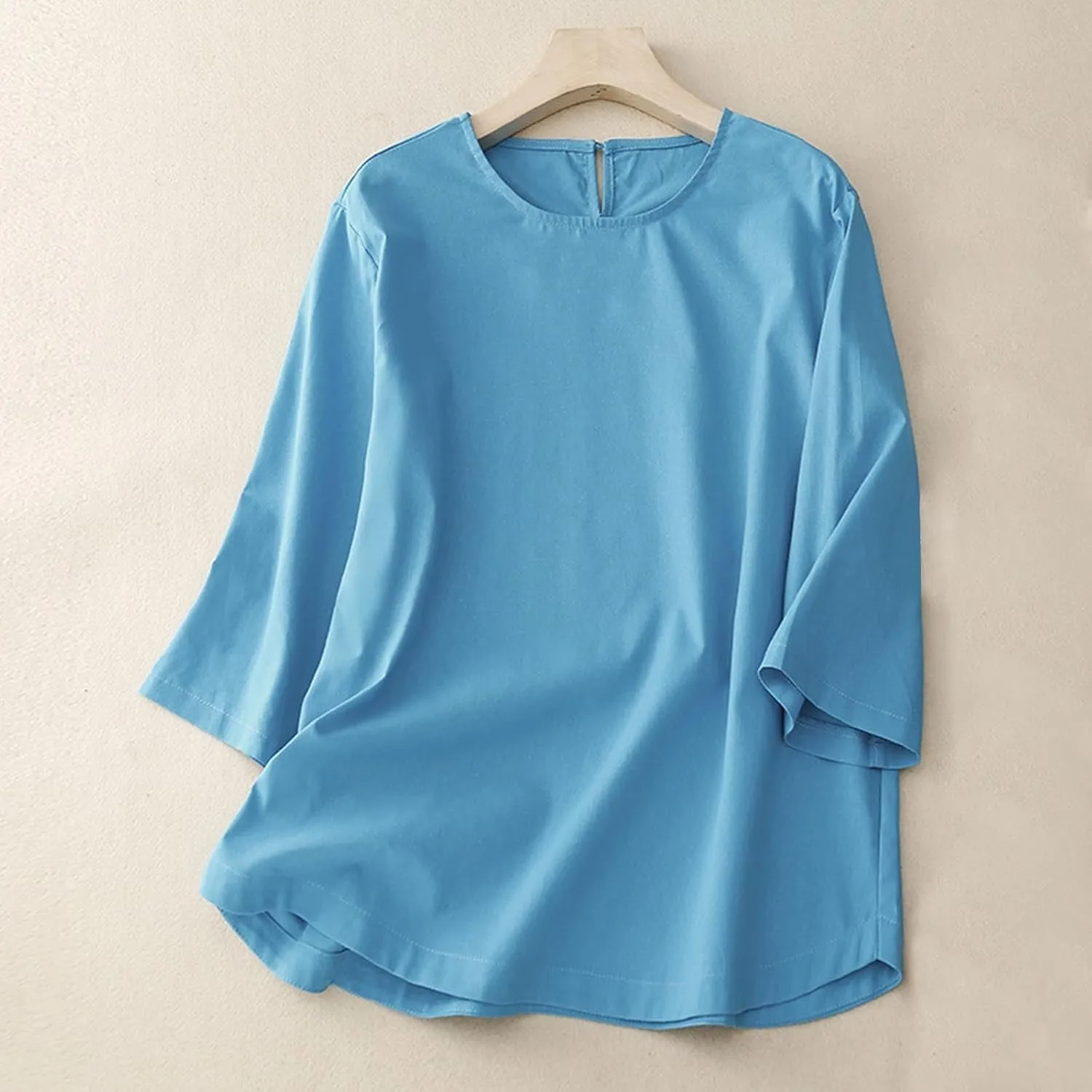 2025 Cotton Linen Tops for Women 3/4 Sleeve Flowy Solid Color Tees Summer Vacation Beach Shirt Loose Crew Neck Blouse