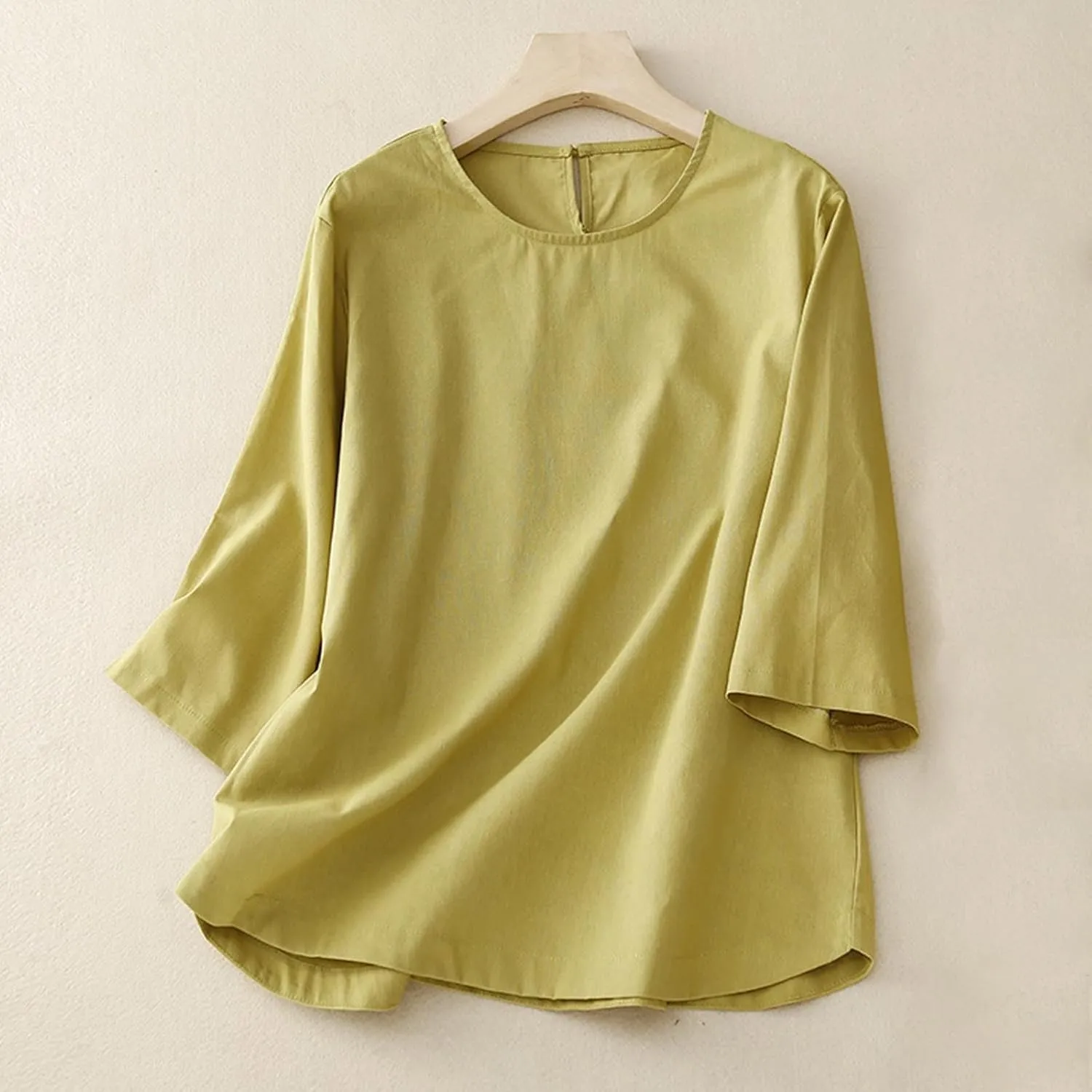 2025 Cotton Linen Tops for Women 3/4 Sleeve Flowy Solid Color Tees Summer Vacation Beach Shirt Loose Crew Neck Blouse
