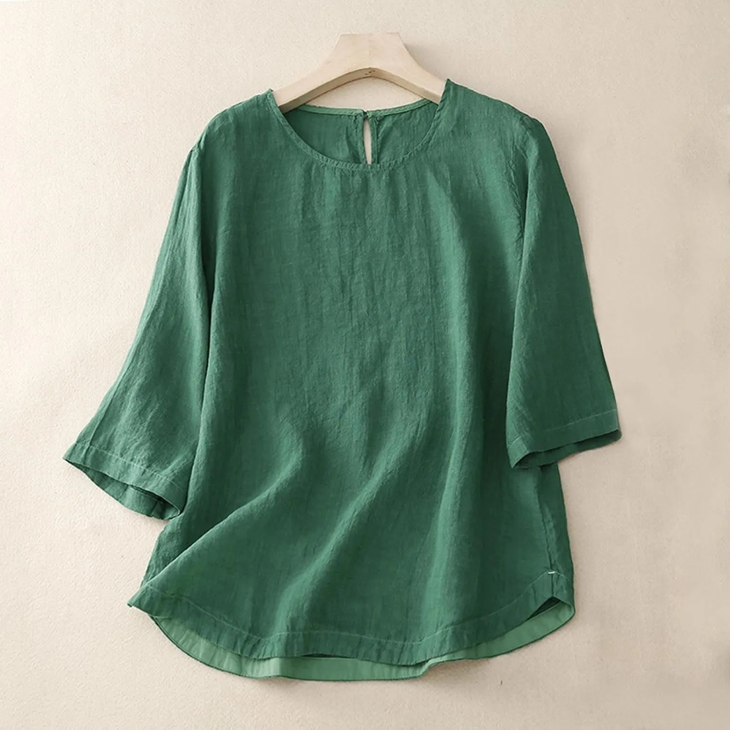 2025 Cotton Linen Tops for Women 3/4 Sleeve Flowy Solid Color Tees Summer Vacation Beach Shirt Loose Crew Neck Blouse