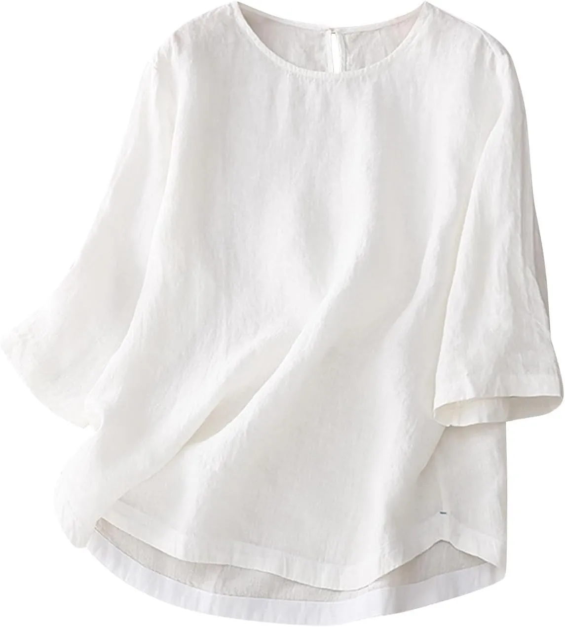 2025 Cotton Linen Tops for Women 3/4 Sleeve Flowy Solid Color Tees Summer Vacation Beach Shirt Loose Crew Neck Blouse