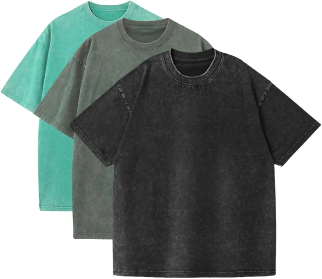 3 Pcs Oversized T-Shirts for Men Heavyweight Cotton Workout Shirts Acid Wash Pump Gym Tees for Casual Active Wear