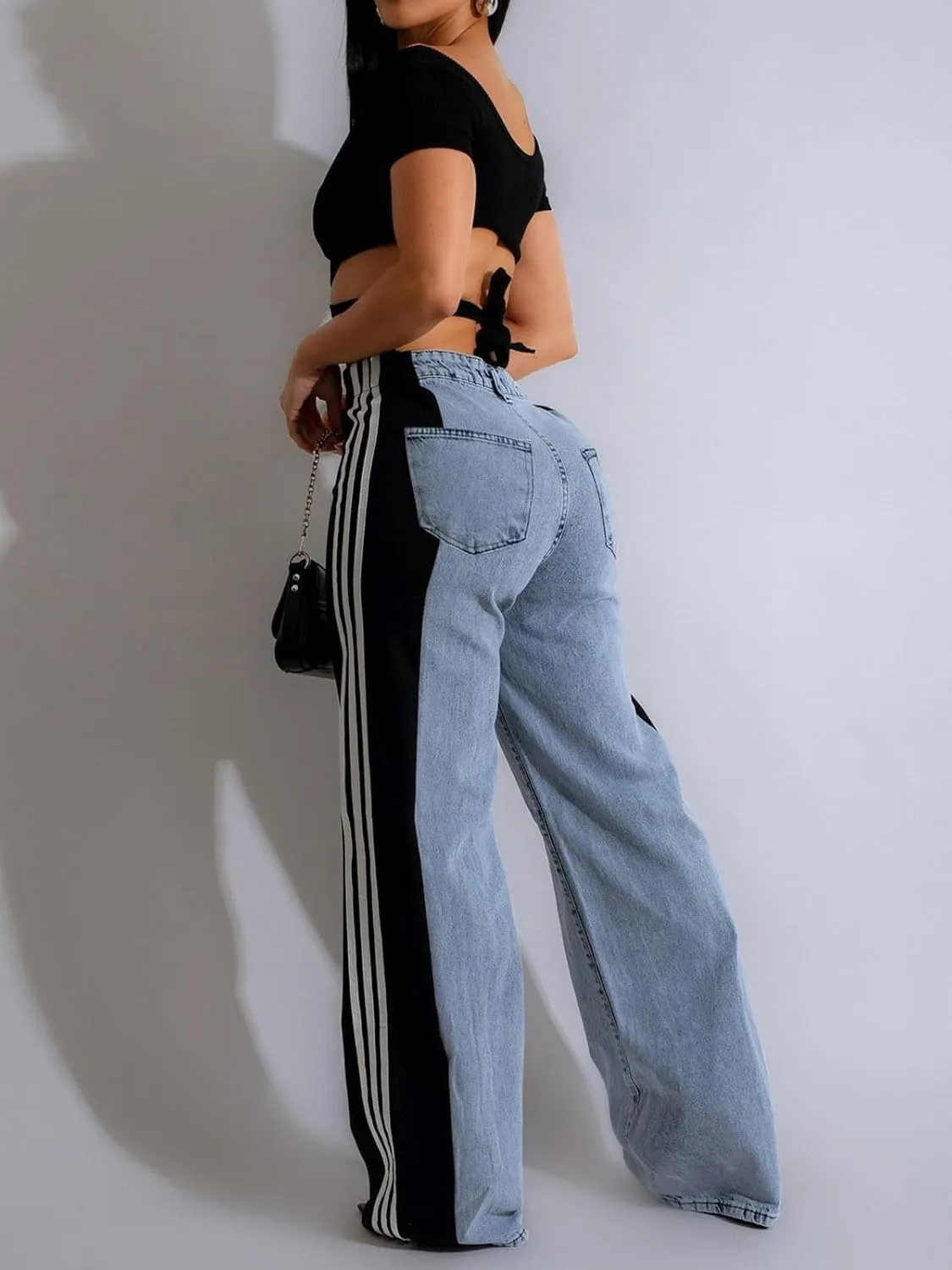 Angsuttc Womens Jeans with Patchwork Stripes High Waisted Stretchy Denim Color Block Straight Wide Leg Trendy Jean