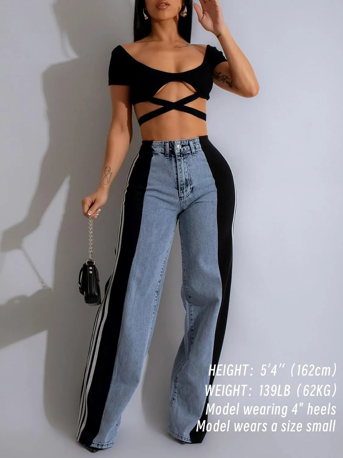 Angsuttc Womens Jeans with Patchwork Stripes High Waisted Stretchy Denim Color Block Straight Wide Leg Trendy Jean