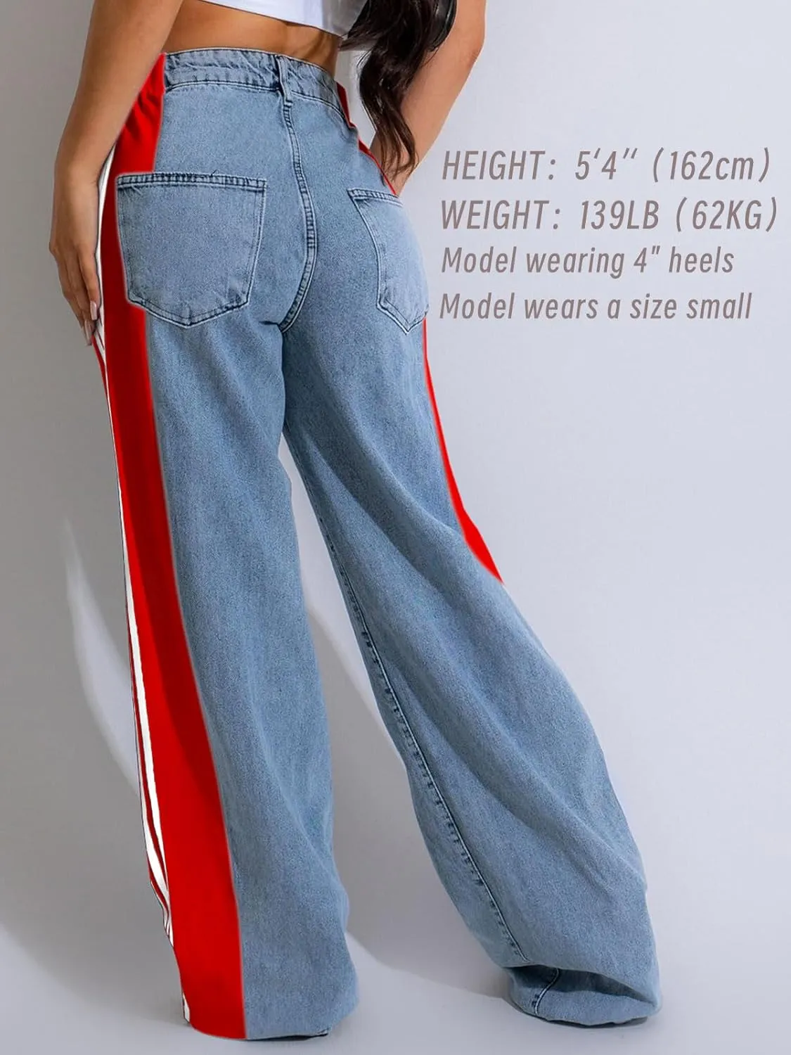 Angsuttc Womens Jeans with Patchwork Stripes High Waisted Stretchy Denim Color Block Straight Wide Leg Trendy Jean