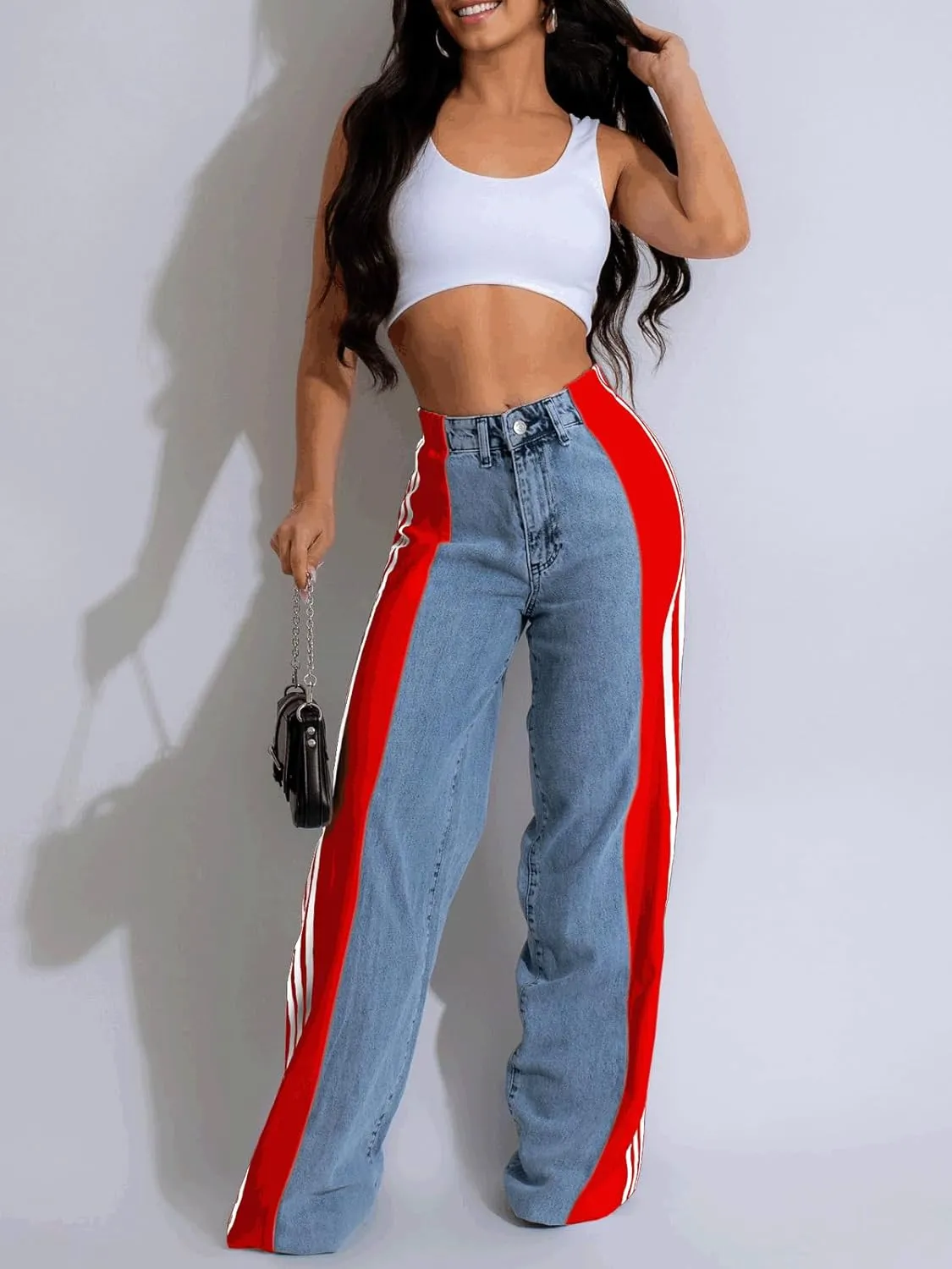 Angsuttc Womens Jeans with Patchwork Stripes High Waisted Stretchy Denim Color Block Straight Wide Leg Trendy Jean