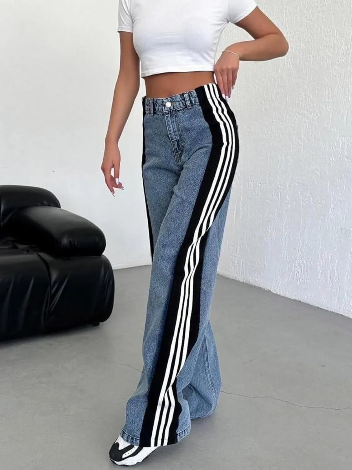 Angsuttc Womens Jeans with Patchwork Stripes High Waisted Stretchy Denim Color Block Straight Wide Leg Trendy Jean