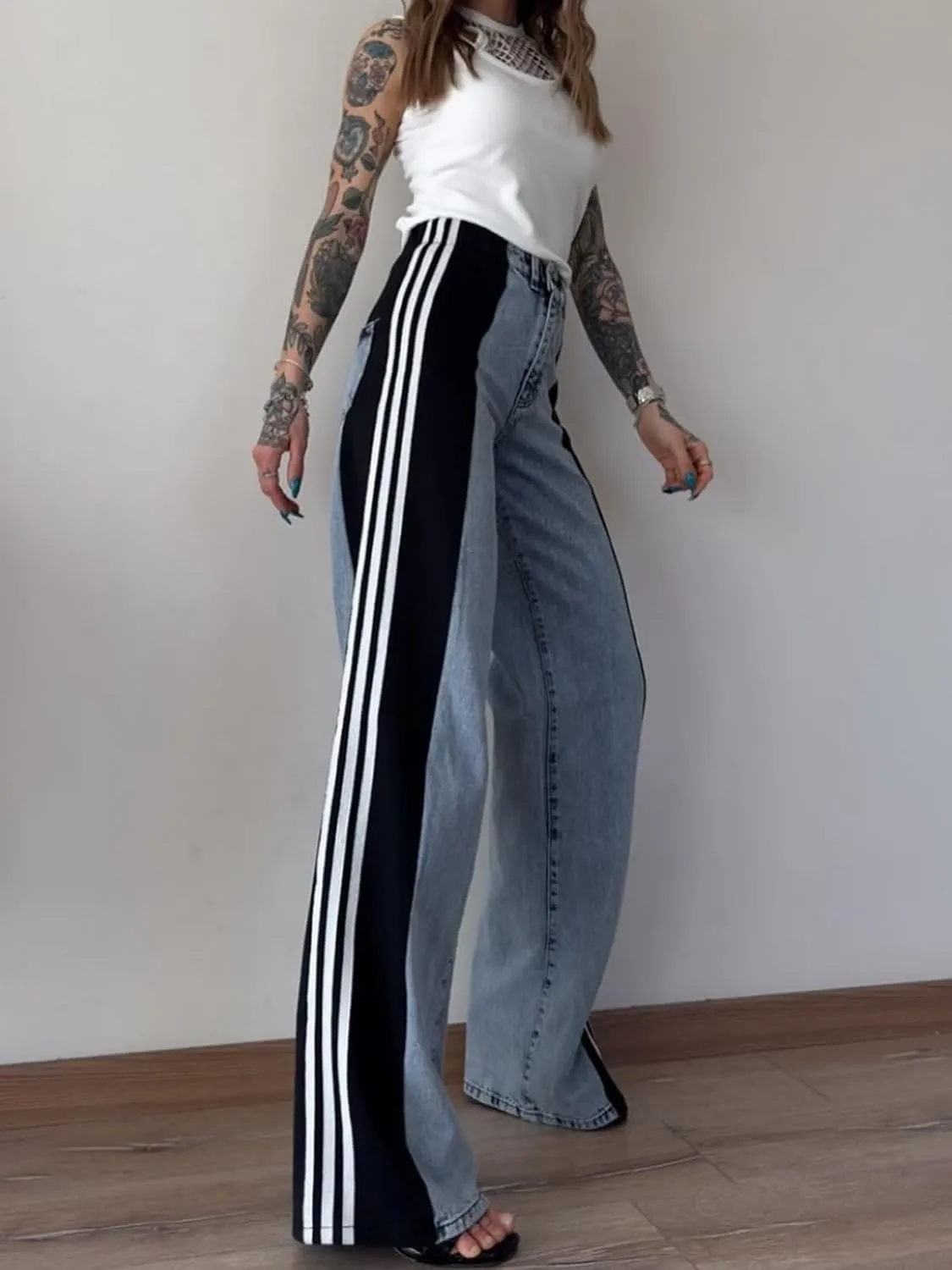 Angsuttc Womens Jeans with Patchwork Stripes High Waisted Stretchy Denim Color Block Straight Wide Leg Trendy Jean