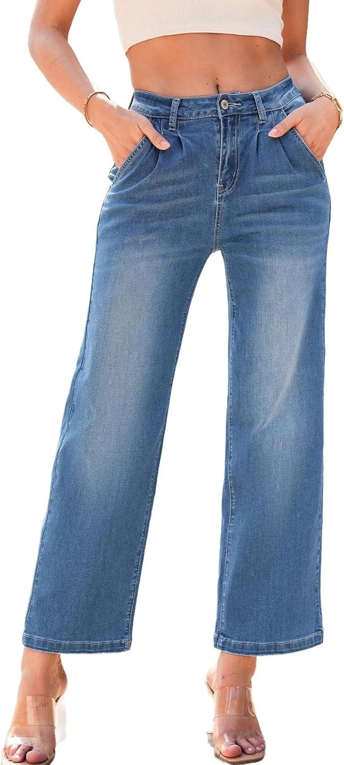 Astylish Women 2025 Wide Leg Jeans Cropped Jeans Stretchy High Waisted Baggy Loose Boyfriend Vintage Denim Pants
