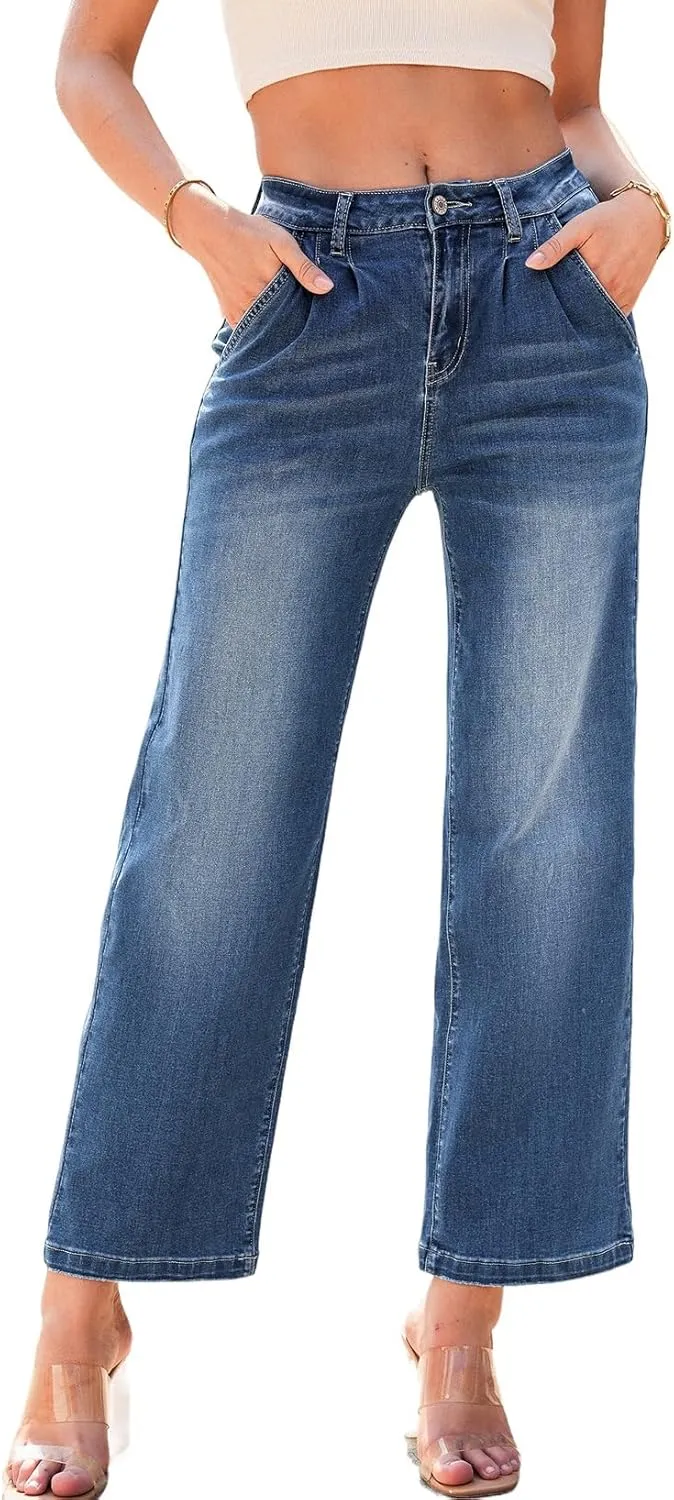 Astylish Women 2025 Wide Leg Jeans Cropped Jeans Stretchy High Waisted Baggy Loose Boyfriend Vintage Denim Pants
