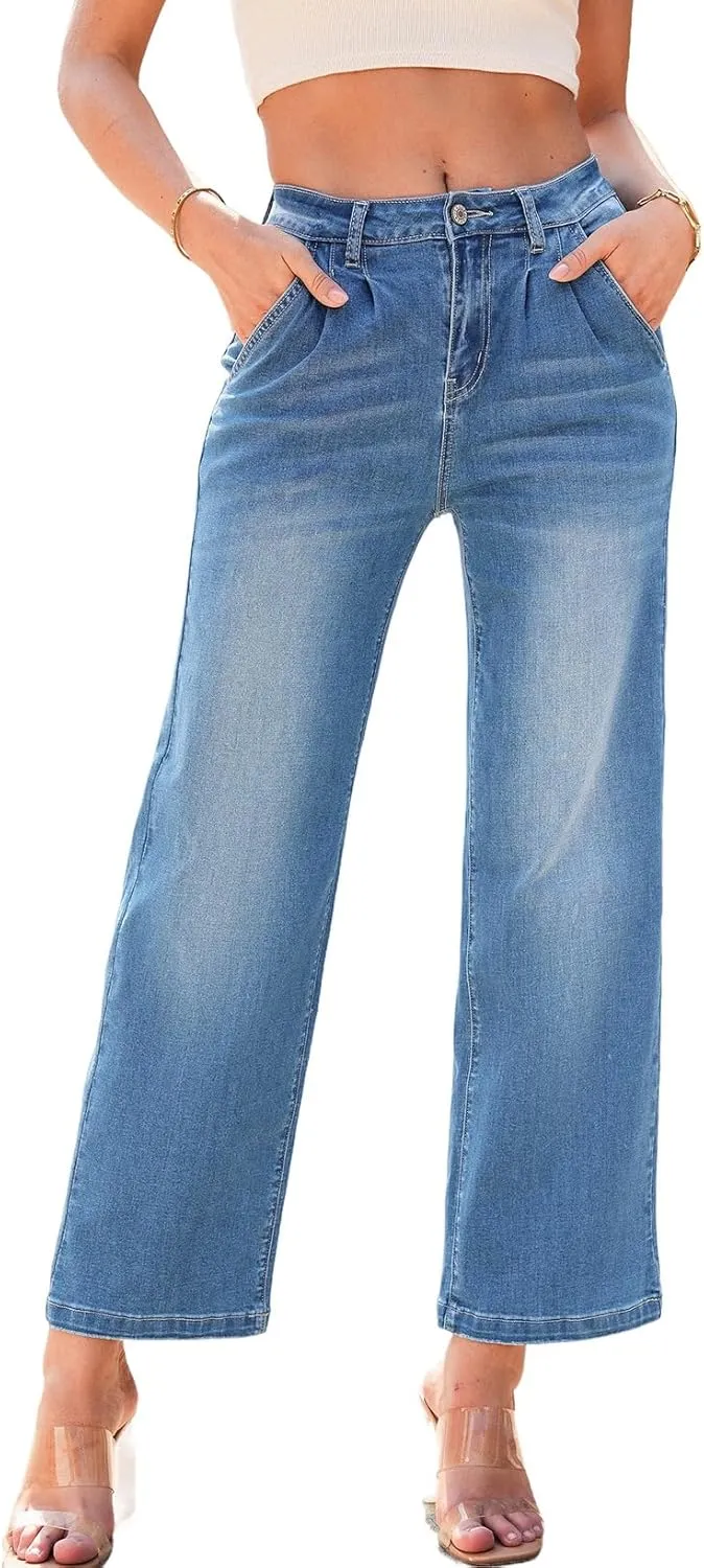 Astylish Women 2025 Wide Leg Jeans Cropped Jeans Stretchy High Waisted Baggy Loose Boyfriend Vintage Denim Pants