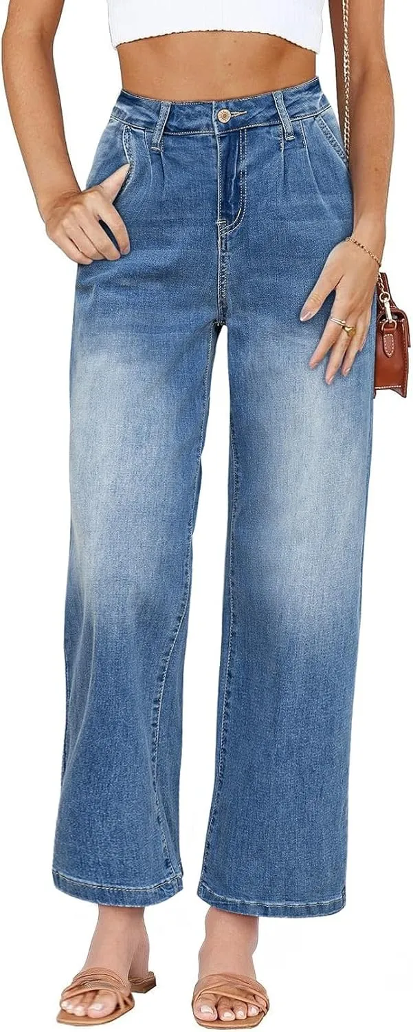 Astylish Women 2025 Wide Leg Jeans Cropped Jeans Stretchy High Waisted Baggy Loose Boyfriend Vintage Denim Pants
