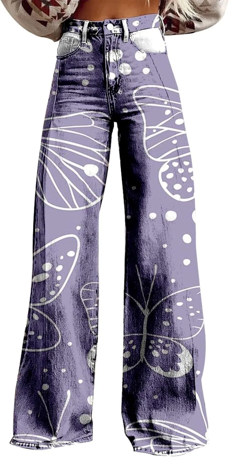 Baggy Jeans for Woman Wide Leg Jeans for Women Valentines 2025 Baggy Denim Pant Printed Jean Loose Casual Loose Pant