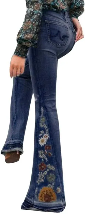 Bell Bottom Jeans for Women Flared Floral Embroidered Jean Mid Rise Vintage Wide Leg Denim Pants