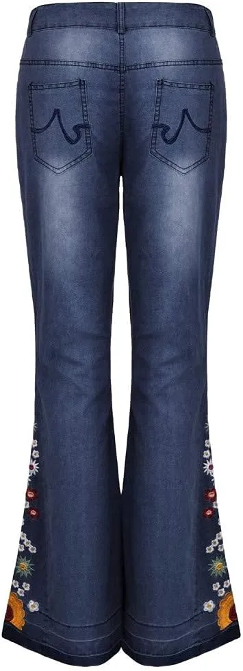 Bell Bottom Jeans for Women Flared Floral Embroidered Jean Mid Rise Vintage Wide Leg Denim Pants