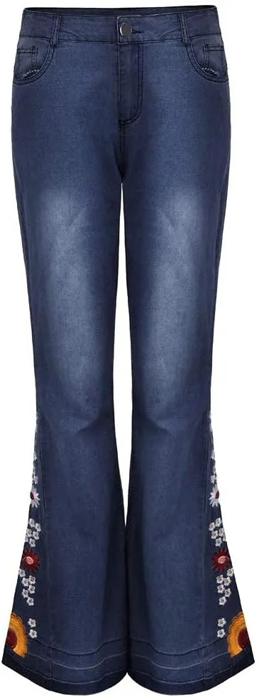 Bell Bottom Jeans for Women Flared Floral Embroidered Jean Mid Rise Vintage Wide Leg Denim Pants