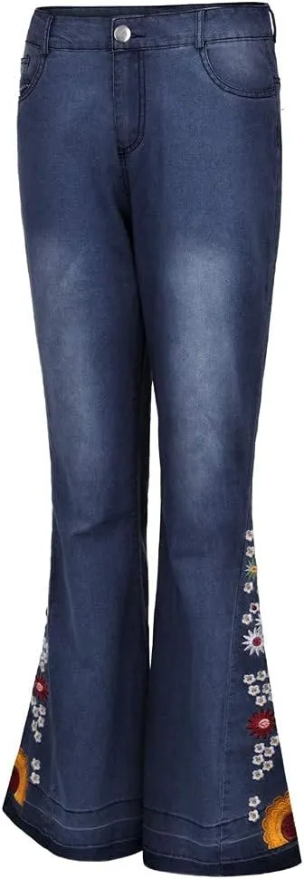 Bell Bottom Jeans for Women Flared Floral Embroidered Jean Mid Rise Vintage Wide Leg Denim Pants
