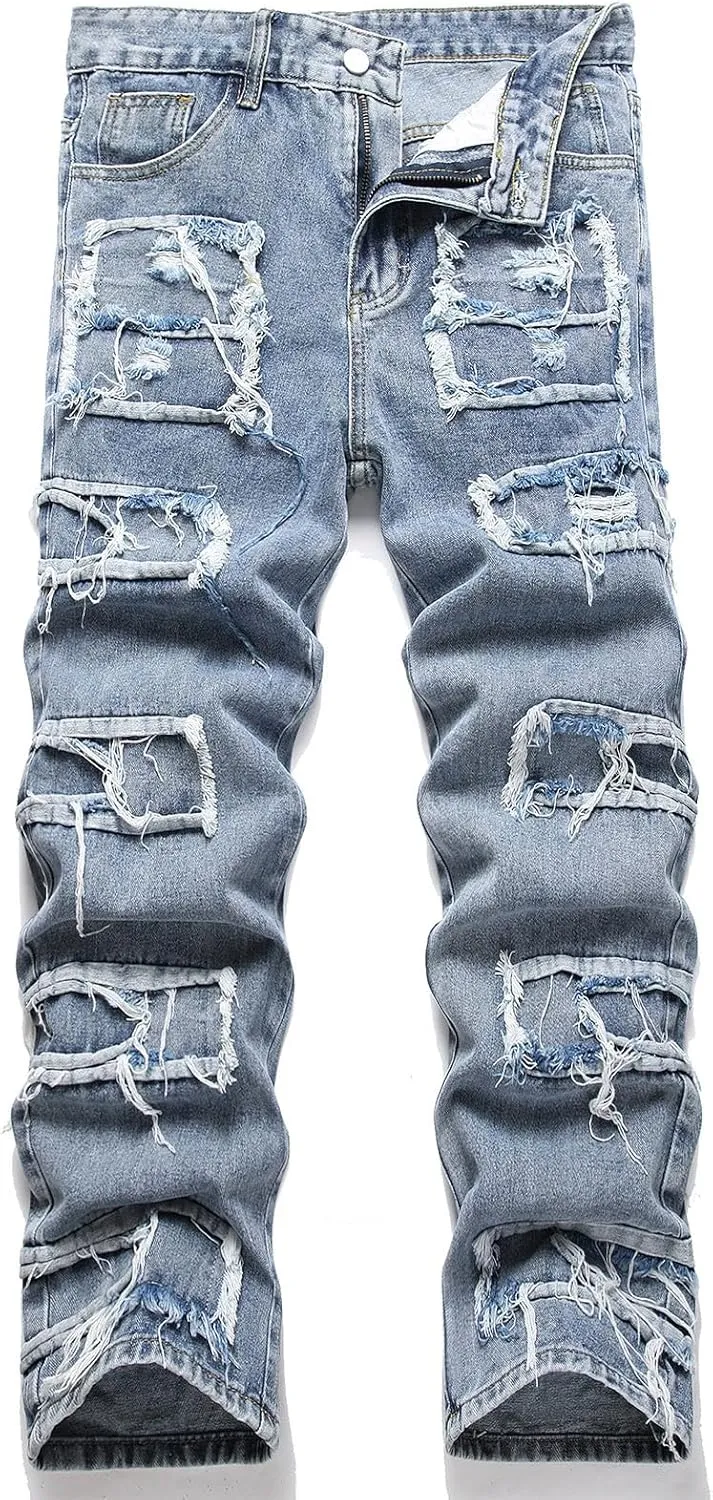 Bidobibo Mens Jeans Relaxed Fit Stretch Straight Leg Carpenter Denim Pants Loose Fit Trousers 2025 Distressed Tapered Jeans