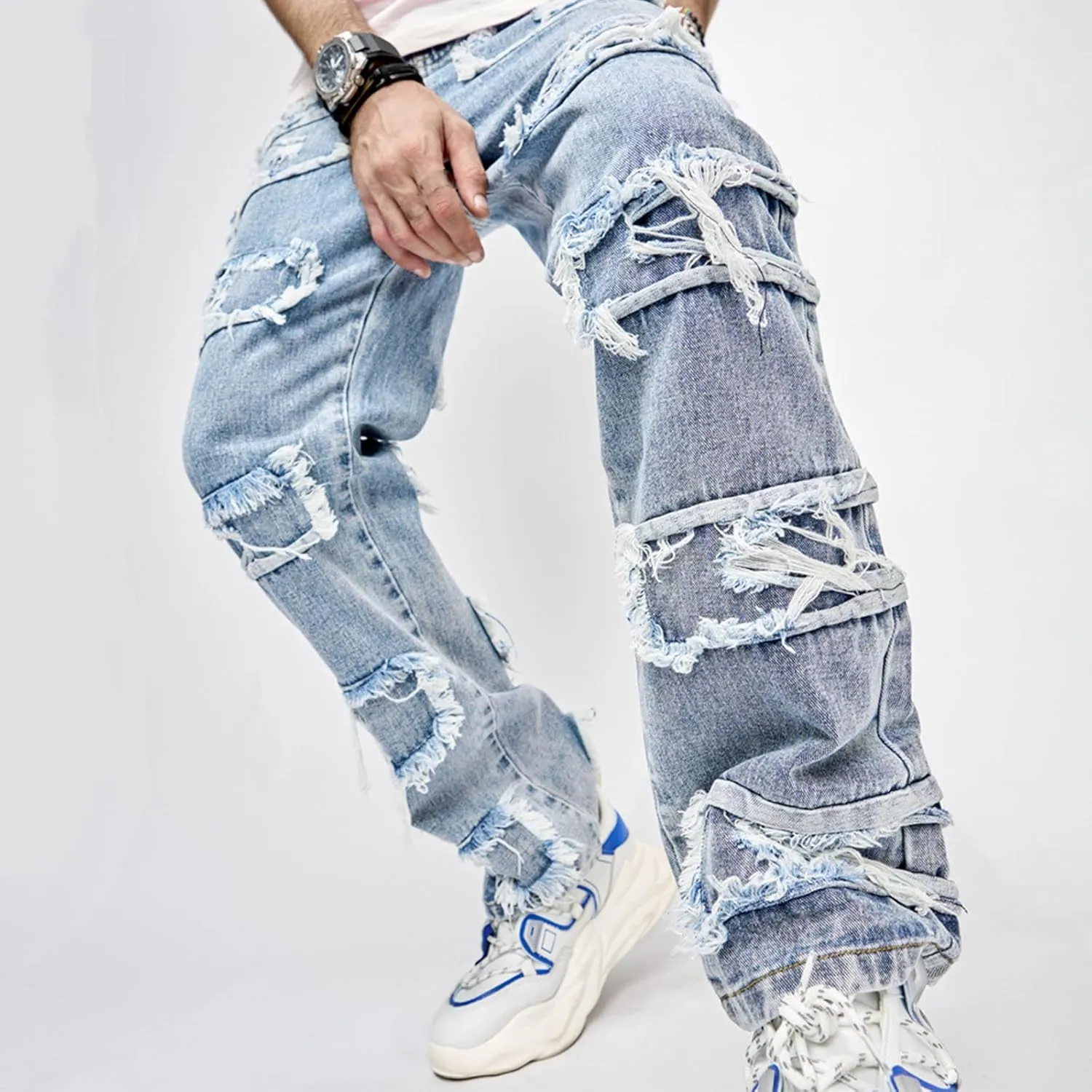 Bidobibo Mens Jeans Relaxed Fit Stretch Straight Leg Carpenter Denim Pants Loose Fit Trousers 2025 Distressed Tapered Jeans