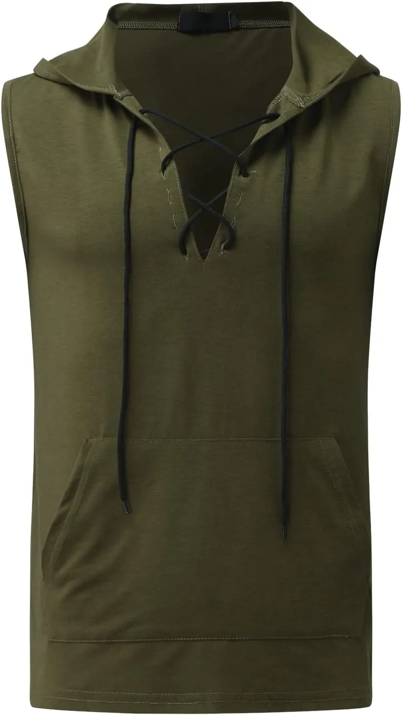 Big and Tall Sleeveless Hoodies for Men Men's Lace up Workout Hooded Tank Tops Training Fitness Sleeveless Hoodies
