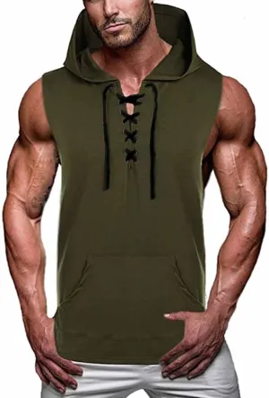 Big and Tall Sleeveless Hoodies for Men Men's Lace up Workout Hooded Tank Tops Training Fitness Sleeveless Hoodies