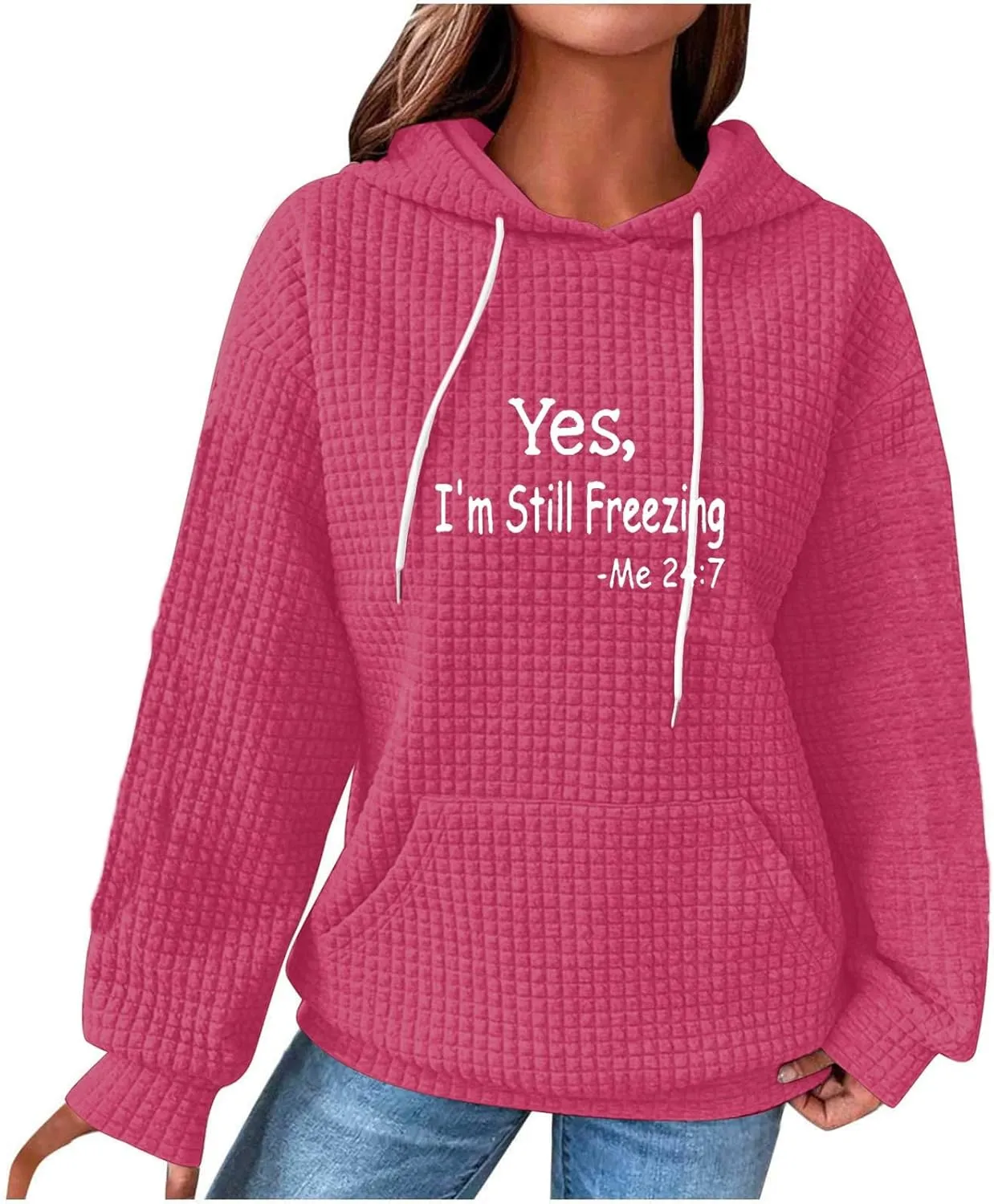 Binmer Oversized Waffle Hoodies for Womens with Sayings Yes,I'm Stil Freezing Me 24:7 Long Sleeve Sweatshirt Fall Gift Shirts