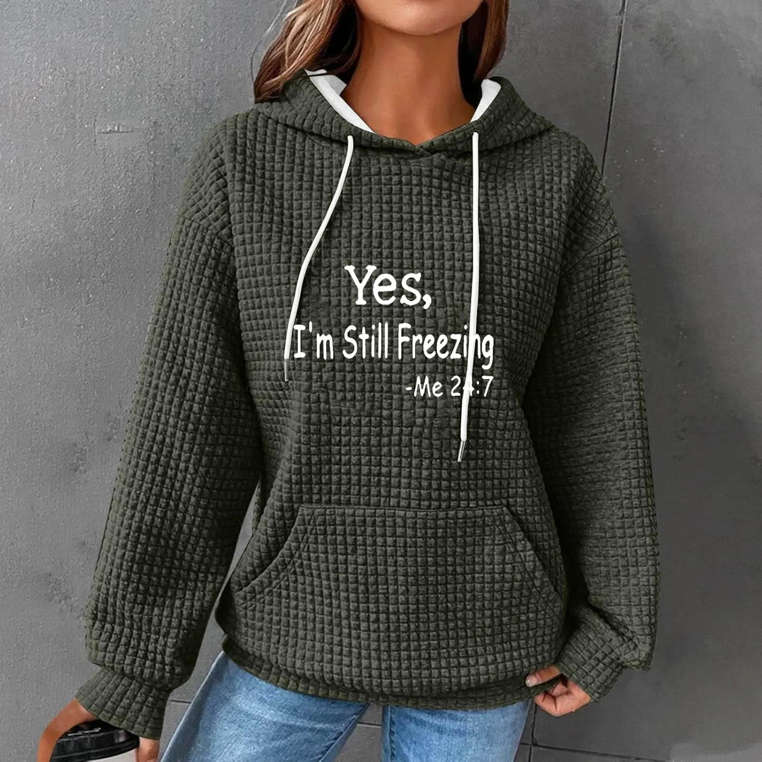 Binmer Oversized Waffle Hoodies for Womens with Sayings Yes,I'm Stil Freezing Me 24:7 Long Sleeve Sweatshirt Fall Gift Shirts