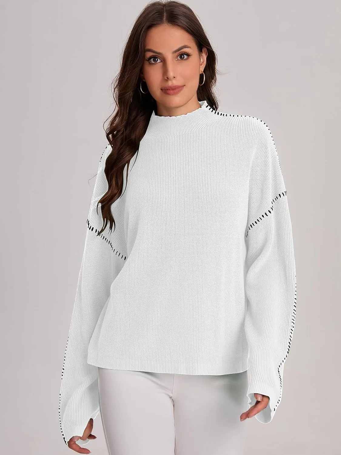 Bloggerlove Womens Oversized Sweaters Long Sleeve Mock Neck Color Block Chunky Knit Casual Pullover Sweater Fall Tops 2024