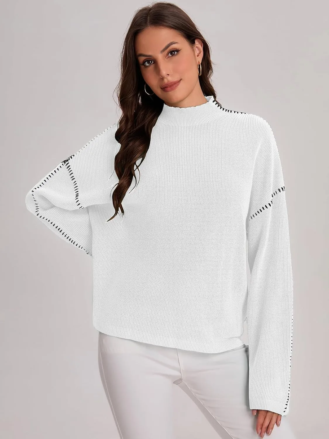 Bloggerlove Womens Oversized Sweaters Long Sleeve Mock Neck Color Block Chunky Knit Casual Pullover Sweater Fall Tops 2024
