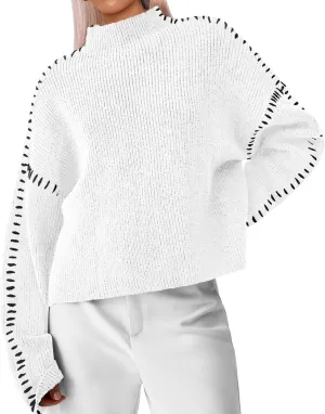 Bloggerlove Womens Oversized Sweaters Long Sleeve Mock Neck Color Block Chunky Knit Casual Pullover Sweater Fall Tops 2024