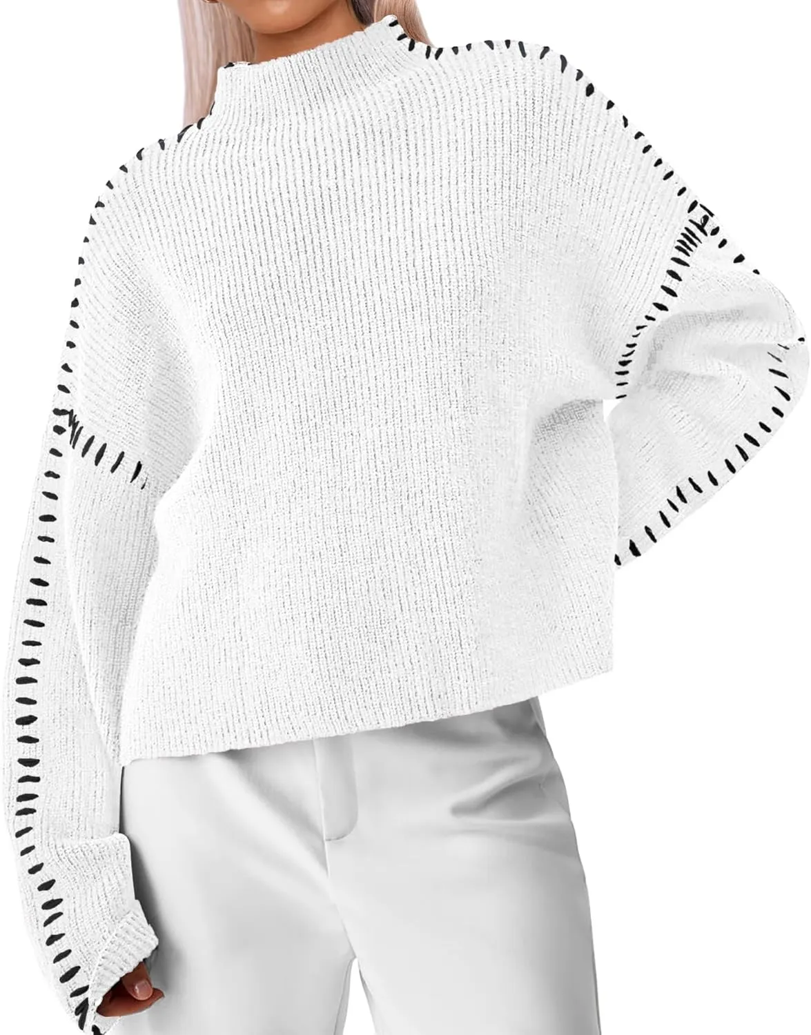Bloggerlove Womens Oversized Sweaters Long Sleeve Mock Neck Color Block Chunky Knit Casual Pullover Sweater Fall Tops 2024