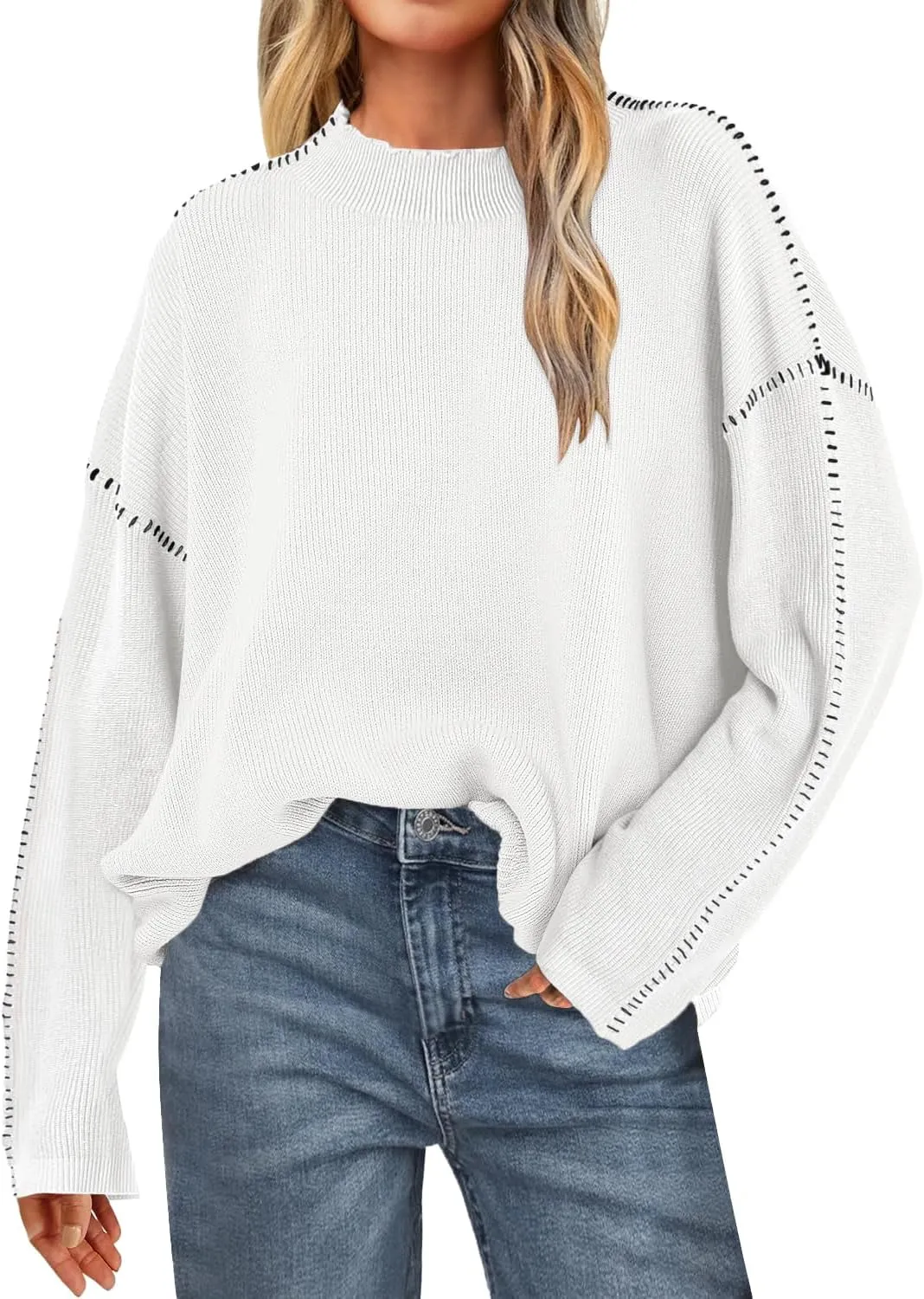 Bloggerlove Womens Oversized Sweaters Long Sleeve Mock Neck Color Block Chunky Knit Casual Pullover Sweater Fall Tops 2024