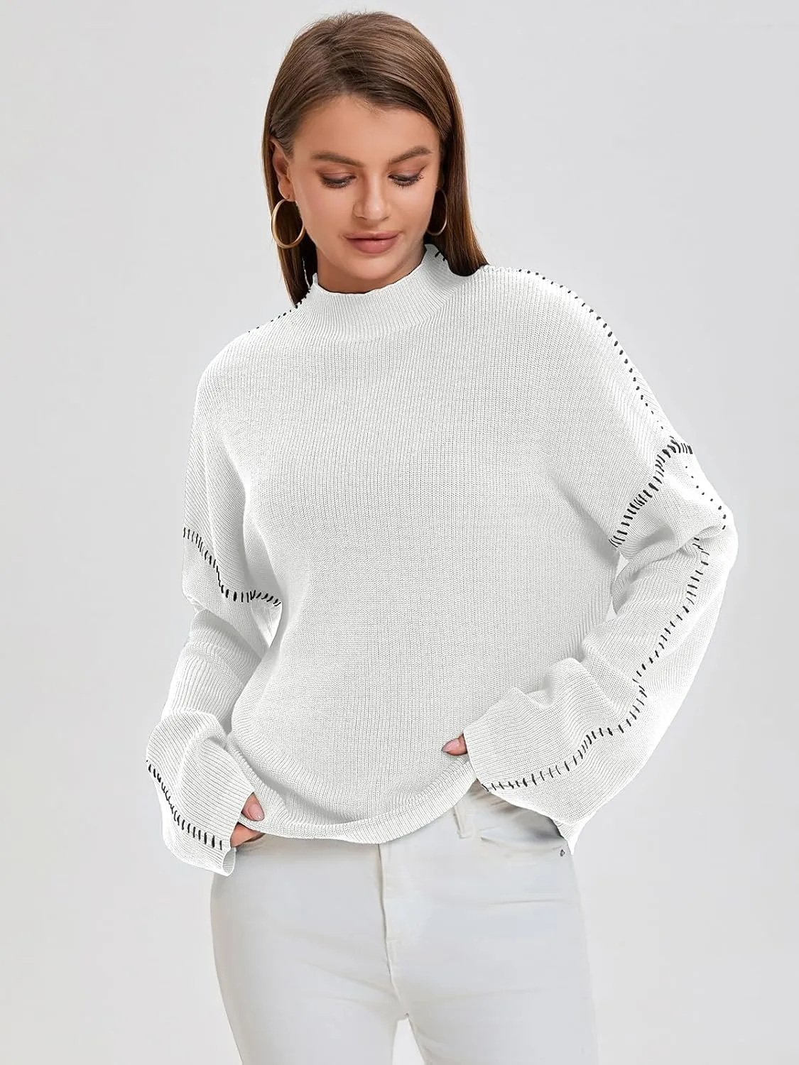 Bloggerlove Womens Oversized Sweaters Long Sleeve Mock Neck Color Block Chunky Knit Casual Pullover Sweater Fall Tops 2024