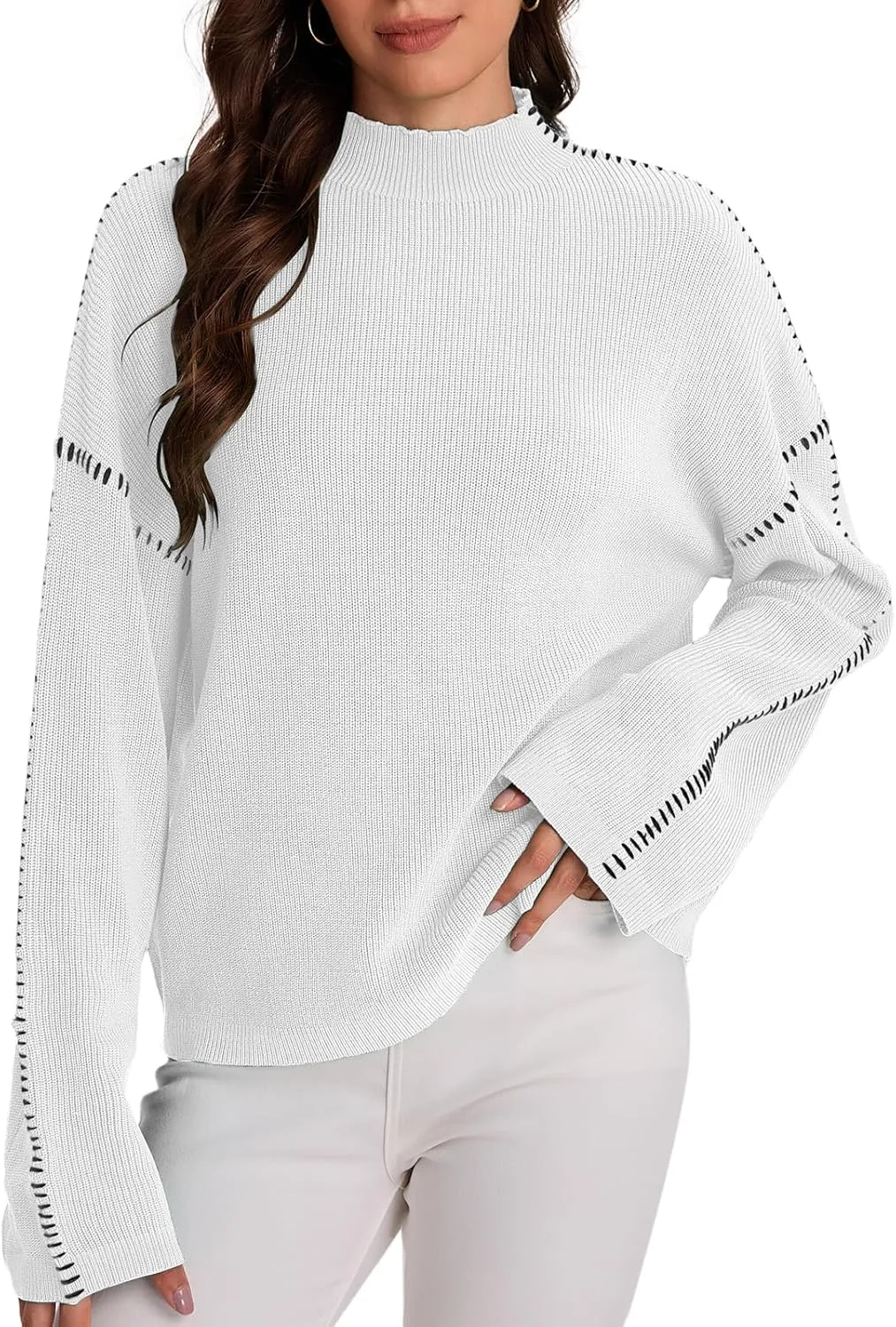 Bloggerlove Womens Oversized Sweaters Long Sleeve Mock Neck Color Block Chunky Knit Casual Pullover Sweater Fall Tops 2024