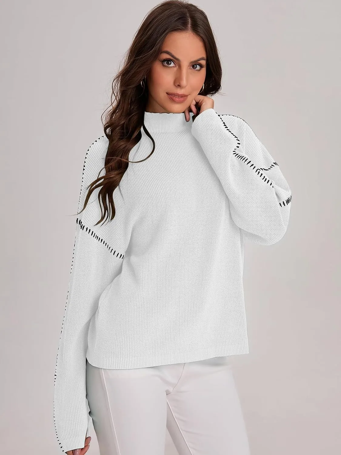 Bloggerlove Womens Oversized Sweaters Long Sleeve Mock Neck Color Block Chunky Knit Casual Pullover Sweater Fall Tops 2024