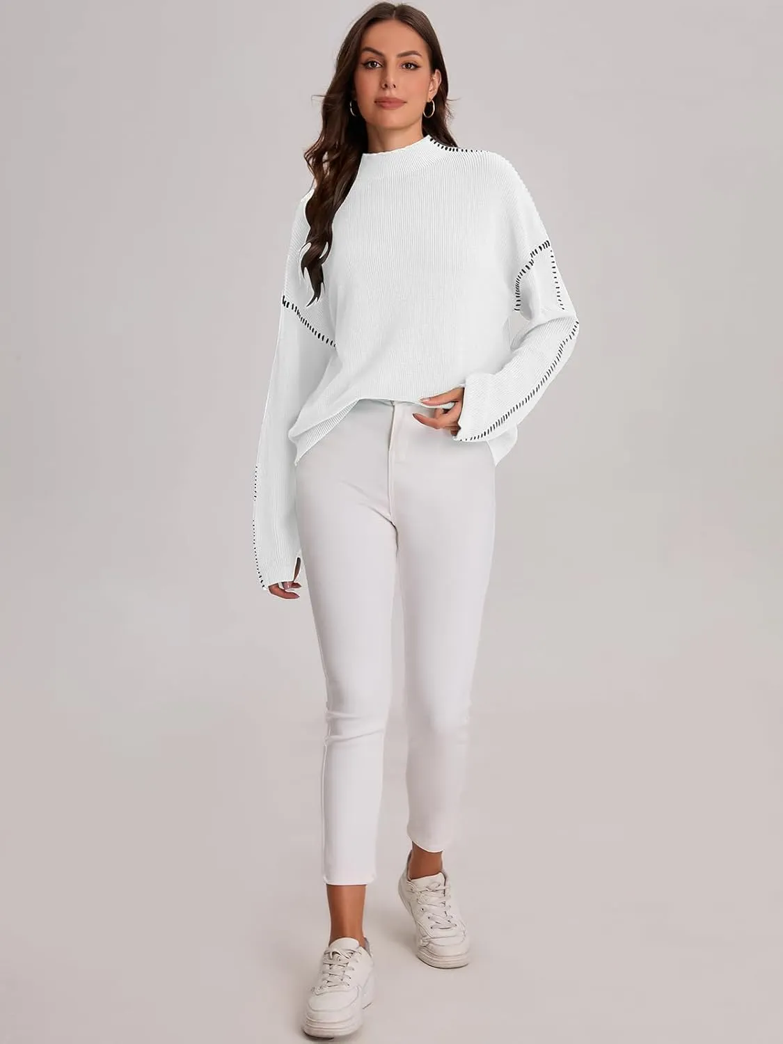 Bloggerlove Womens Oversized Sweaters Long Sleeve Mock Neck Color Block Chunky Knit Casual Pullover Sweater Fall Tops 2024
