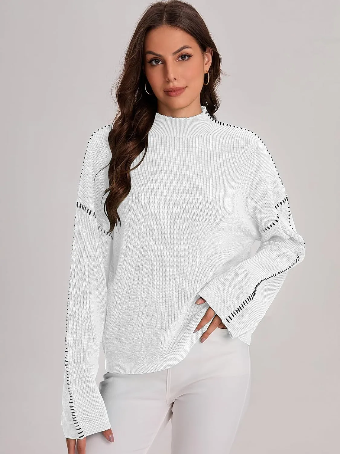 Bloggerlove Womens Oversized Sweaters Long Sleeve Mock Neck Color Block Chunky Knit Casual Pullover Sweater Fall Tops 2024