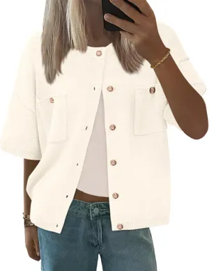 BTFBM Short Sleeve Cardigans for Women Button Up Sweaters Y2k Spring Summer 2025 Crew Neck Business Casual Work Clothes