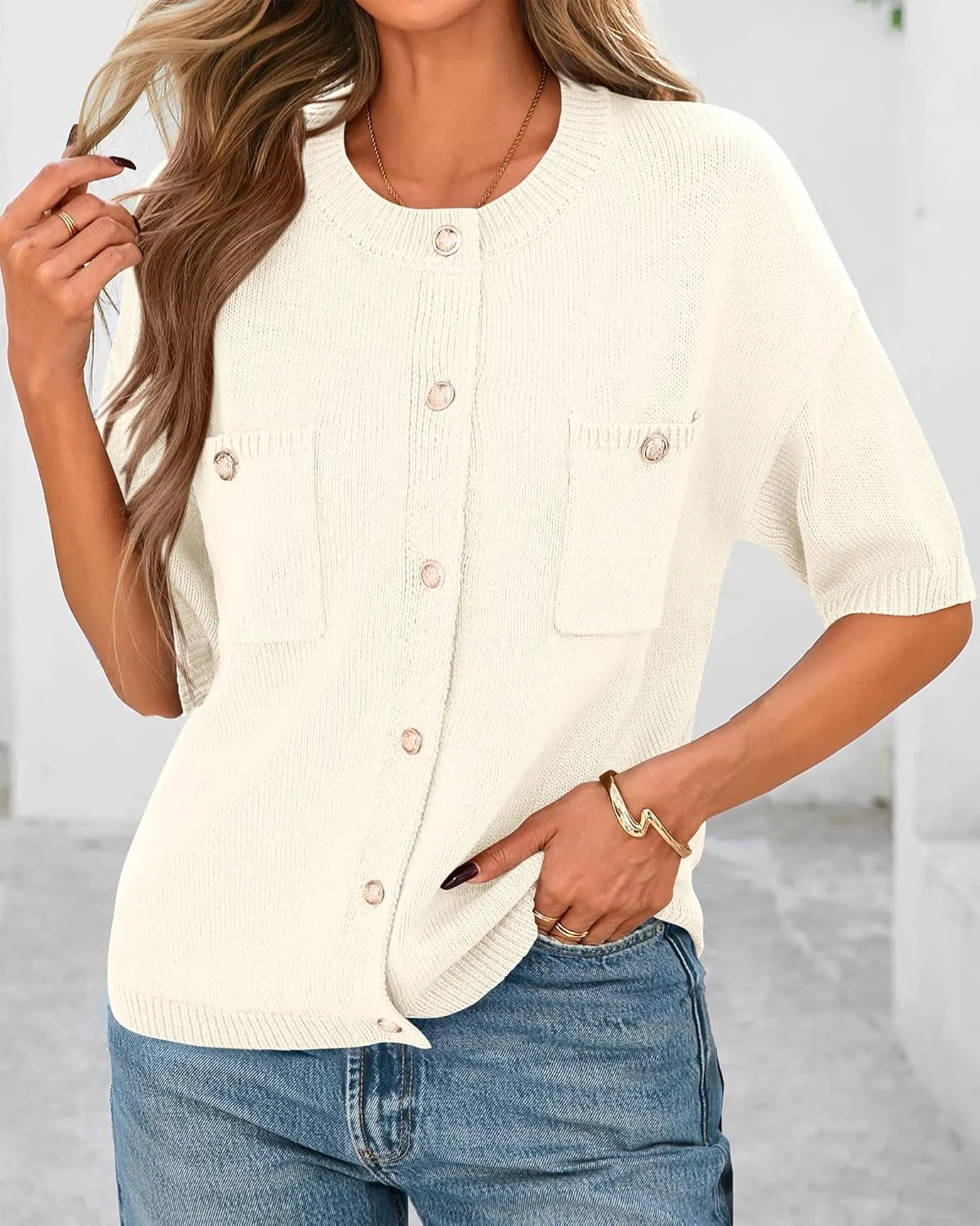 BTFBM Short Sleeve Cardigans for Women Button Up Sweaters Y2k Spring Summer 2025 Crew Neck Business Casual Work Clothes