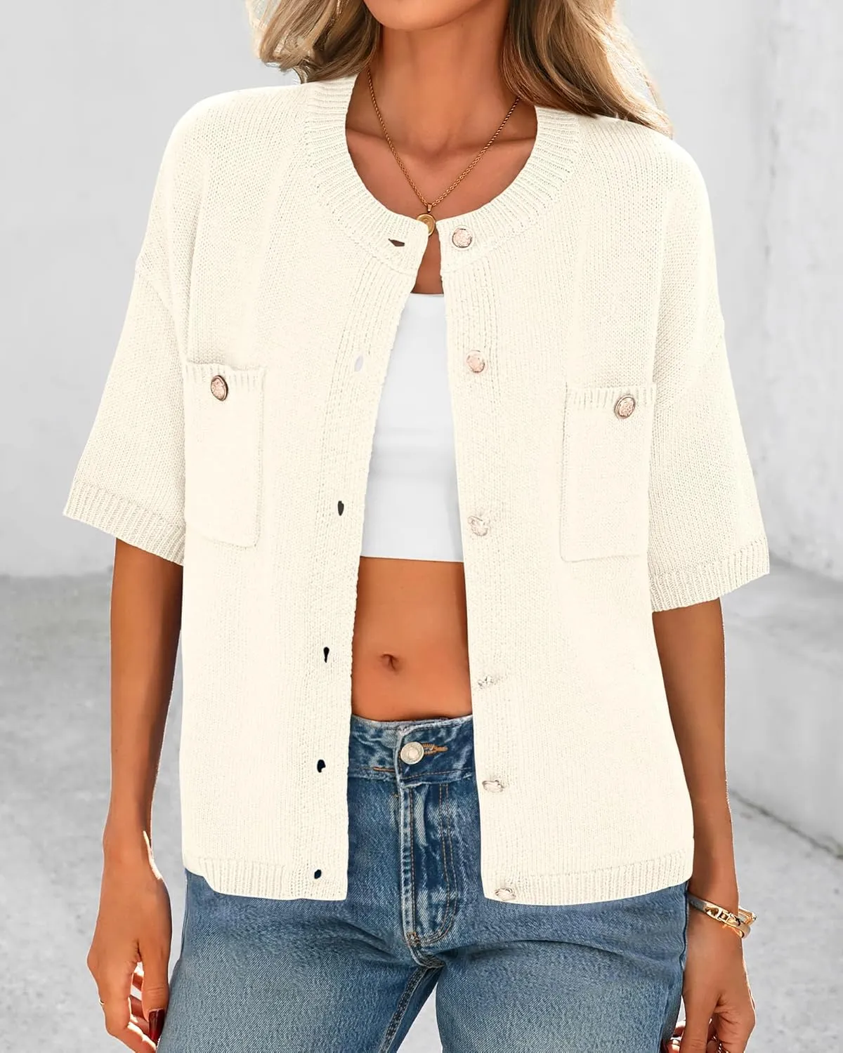 BTFBM Short Sleeve Cardigans for Women Button Up Sweaters Y2k Spring Summer 2025 Crew Neck Business Casual Work Clothes