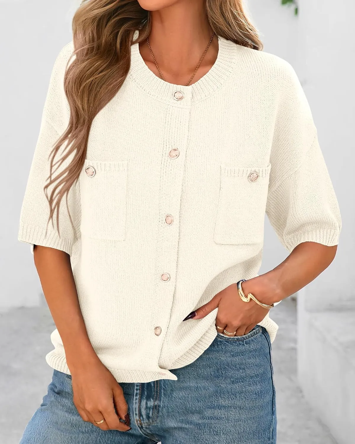 BTFBM Short Sleeve Cardigans for Women Button Up Sweaters Y2k Spring Summer 2025 Crew Neck Business Casual Work Clothes