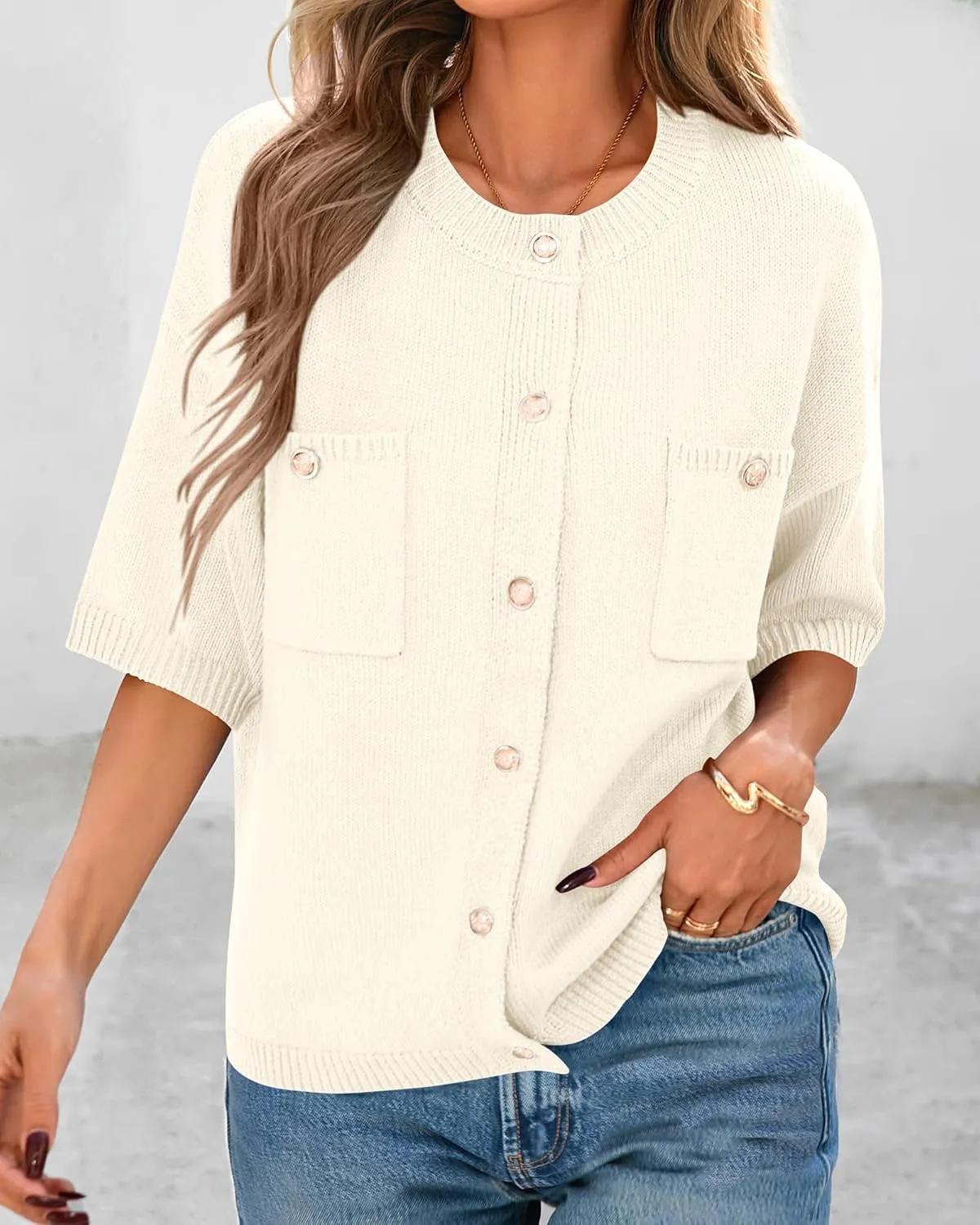 BTFBM Short Sleeve Cardigans for Women Button Up Sweaters Y2k Spring Summer 2025 Crew Neck Business Casual Work Clothes