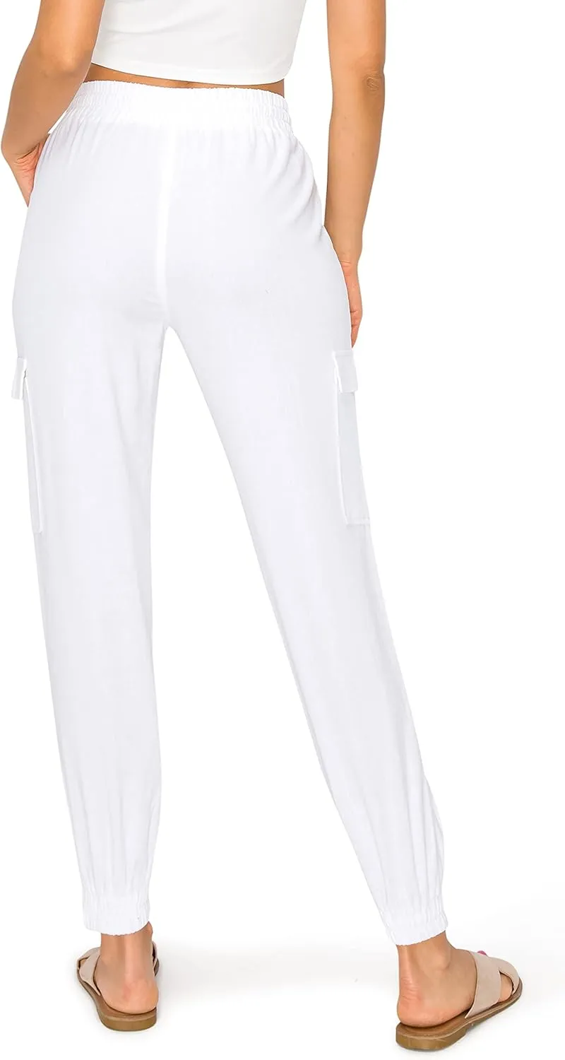 Cali1850 Women's Linen Joggers Pants - Oceanside Drawstring Elastic Waist Casual Lounge Tapered Leg Trousers with Pockets