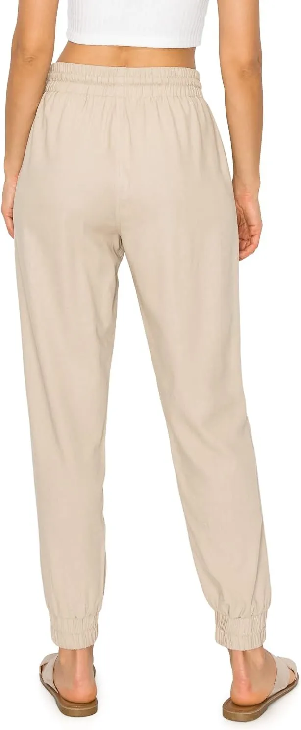 Cali1850 Women's Linen Joggers Pants - Oceanside Drawstring Elastic Waist Casual Lounge Tapered Leg Trousers with Pockets
