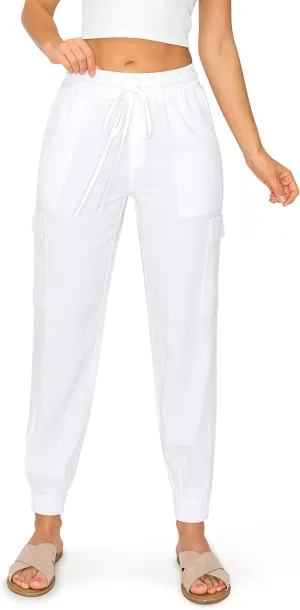 Cali1850 Women's Linen Joggers Pants - Oceanside Drawstring Elastic Waist Casual Lounge Tapered Leg Trousers with Pockets