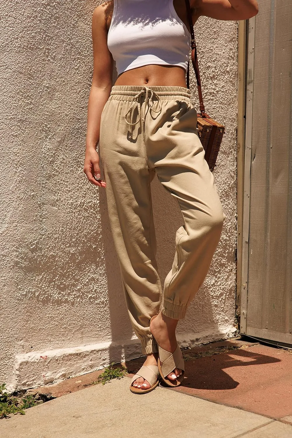 Cali1850 Women's Linen Joggers Pants - Oceanside Drawstring Elastic Waist Casual Lounge Tapered Leg Trousers with Pockets