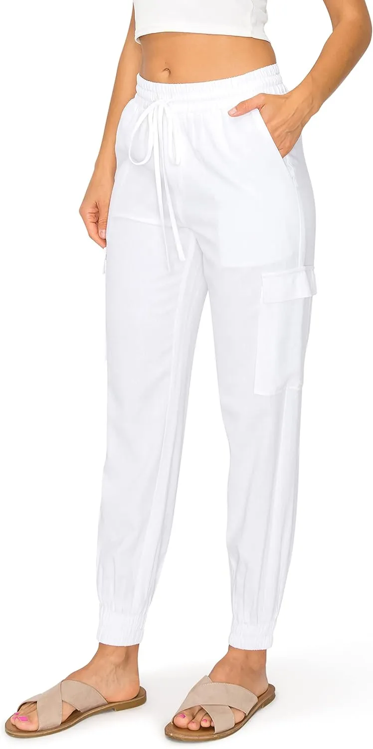 Cali1850 Women's Linen Joggers Pants - Oceanside Drawstring Elastic Waist Casual Lounge Tapered Leg Trousers with Pockets